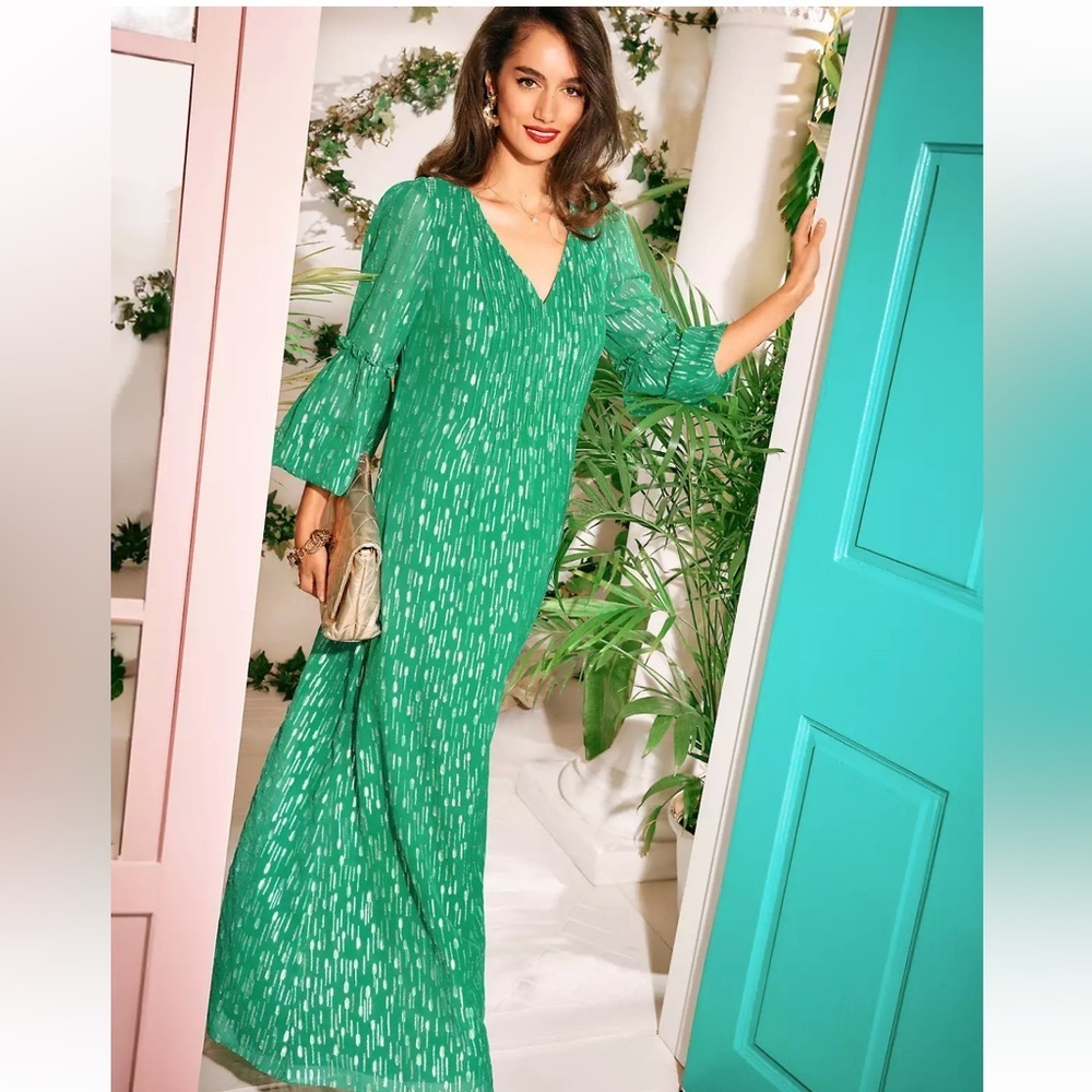 NWT Lilly Pulitzer Cleme Maxi Dress Long Sleeve Green Mystical Metallic Size 2